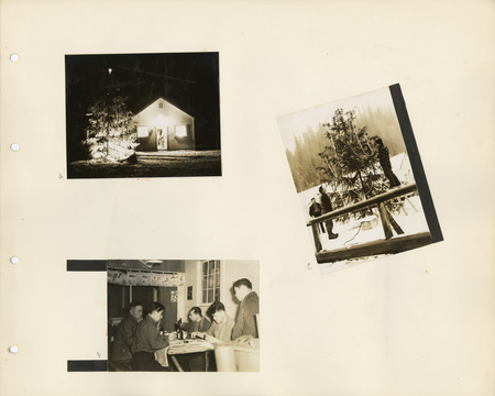 Image of a page from the scrapbook. The page is lightly tinted due to age and includes three black and white photographs.