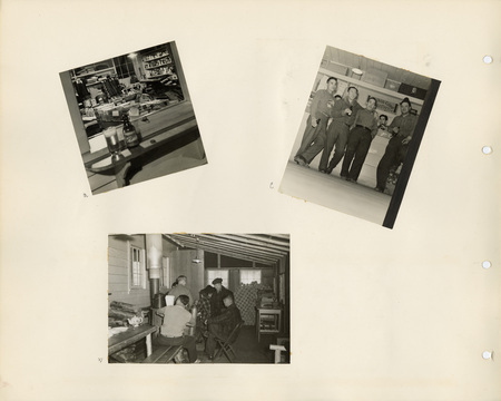 Image of a page from the scrapbook. The page is lightly tinted from age and includes three black and white photographs at various angles.
