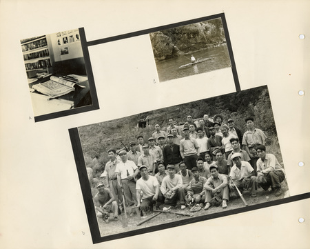 Image of a page from the scrapbook. The page is lightly tinted due to age and includes three black and white photographs at various angles.