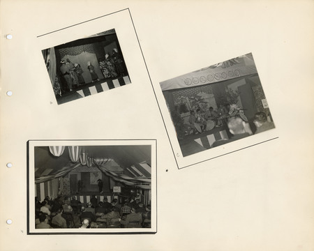 Image of a page in the scrapbook. The page is lightly tinted from age and includes three black and white photographs at various angles.