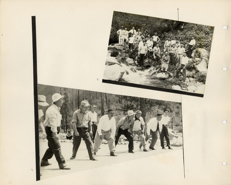 Image of a page from the scrapbook. The page is lightly tinted due to age and includes two black and white photographs at slanted angles.