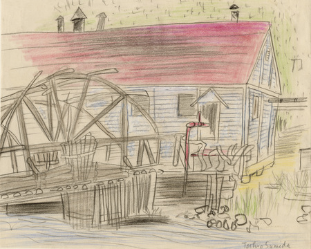 A hand drawn picture of a building and bridge at Kooskia. The roof of the building is red and there is a bridge on the left.