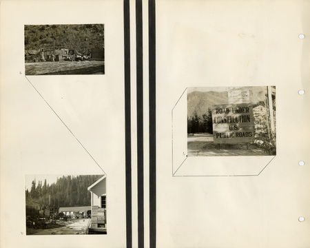 Image of a page from the scrapbook. The page is lightly tinted due to age and has three bold and black vertical lines down the center. The page includes three black and white photographs.