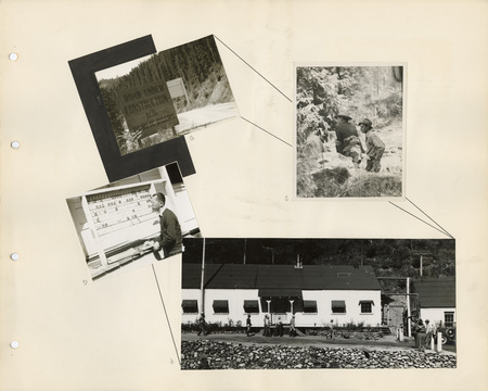 Image of a page from the scrapbook. The page is lightly tinted due to age and includes four black and white photos at various angles and accents.