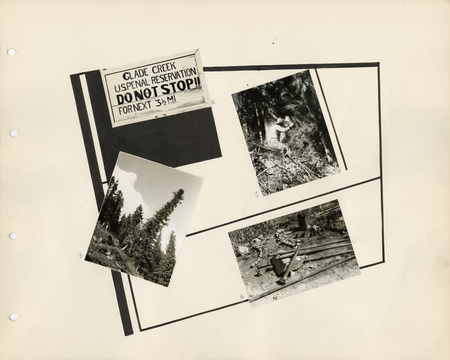 Image of a page from the scrapbook. The page is lightly tinted due to age and includes four black and white photos at various angles and accents.