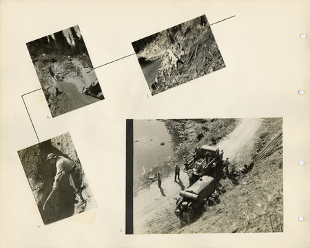 Image of a page from the scrapbook. The page is lightly tinted due to age and includes four black and white photos at various angles and accents.