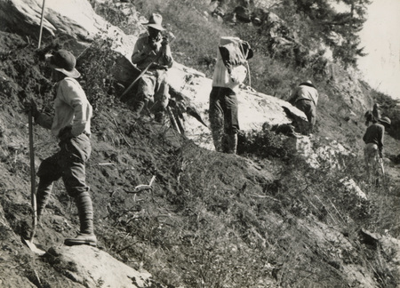 A black and white photograph of five men standing on a hillside with shovels and tools.