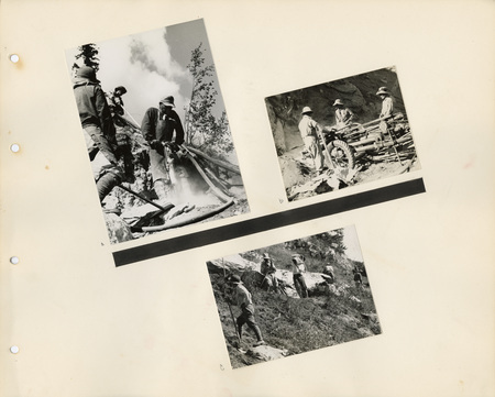 Image of a page from the scrapbook. The page is lightly tinted from age and includes three black and white photographs at various angles.