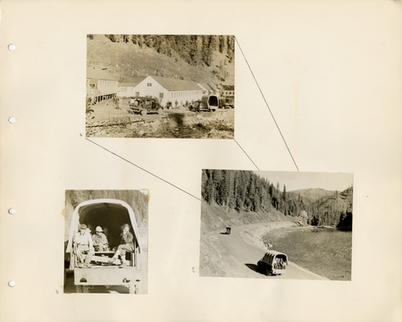Image of a page from the scrapbook. The page is lightly tinted due to age and includes three black and white photographs.