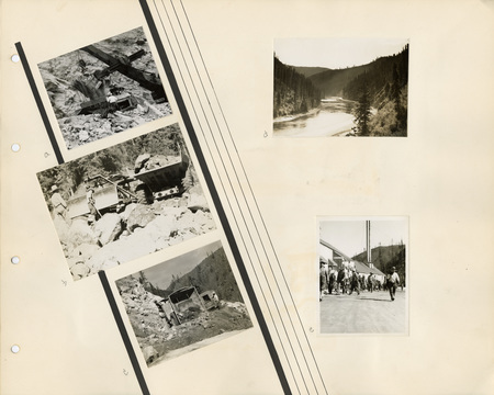 Image of a page from the scrapbook. The page is lightly tinted due to age and includes five black and white photographs at various angles.