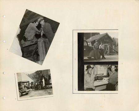Image of a page from the scrapbook. The page is lightly tinted from age and includes four black and white photographs at various angles.