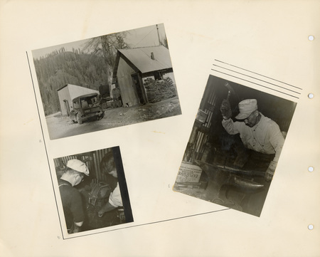 Image of a page from the scrapbook. The page is lightly tinted due to age and includes three black and white photographs at various angles.