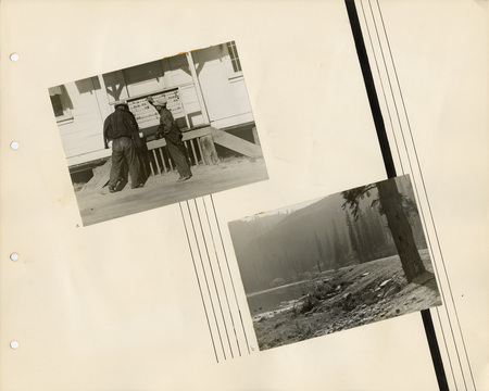 Image of a page from the scrapbook. The page is lightly tinted due to age and includes two black and white photographs at slanted angles.