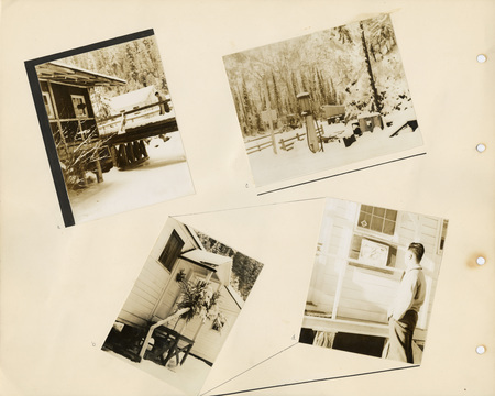 Image of a page from the scrapbook. The page is lightly tinted due to age and includes four black and white photos at various angles and accents.
