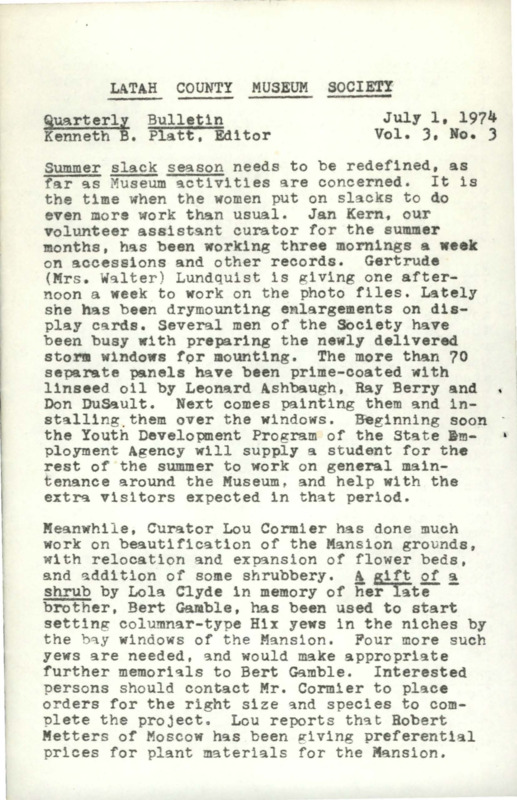 Vol. 3, No. 3, 16 pages. This issue contains articles pertaining to the following subjects and article titles: The History of the Old Saddle (pg 4); Project Roundup (pg 6); Museum Society Affairs (pg 9); Book Review - unpublished recollections of a pioneer woman, Agnes Jones (pg 11)