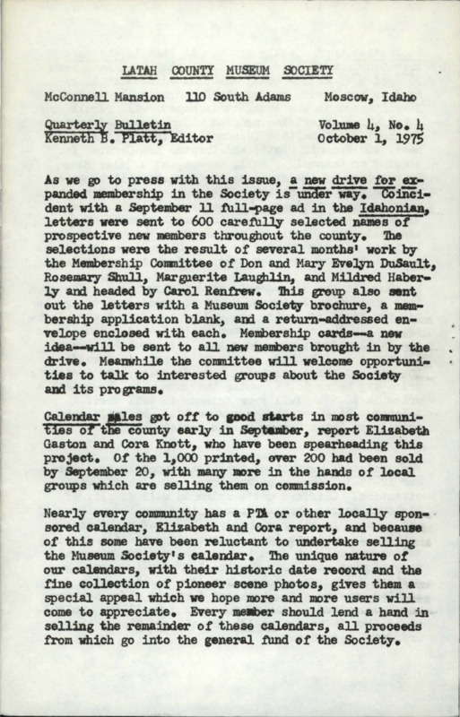 Vol. 4, No. 4, 16 pages. This issue contains articles pertaining to the following subjects and article titles: Treasurer's Report (pg 3); New Curator Sought (pg 4); Oral History Fits Bicentennial Theme (pg 5); More Local History in Print (pg 7); Book Review - Some Recollections of Homer David 1890 to 1910 (pg 8); Wanted (pg 16)