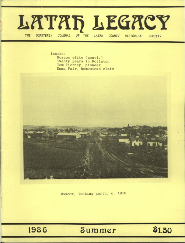 Vol. 15, No. 2, 36 pages. This issue contains articles pertaining to the following subjects and article titles: Moscow Elites on the Edge of the Frontier, Conclusion (pg 1); Twenty Years in Potlatch, Idaho, 1931-1951 (pg 10); Tierney Family History (pg 15); Emma Fair: Homestead Claim on Big Bear Ridge (pg 20)