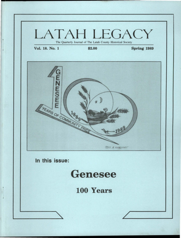 Vol. 18, No. 1, 40 pages. This issue celebrates Genesee's Centennial and contains articles pertaining to the following subjects and article titles: Early Years (pg 3); Community Day 1912 (pg 8); Idaho State Gazetteer (pg 10); Genesee 1912-13 (pg 11); American Legion Post (pg 12); Social Life (pg 14); Education (pg 16); Churches (pg 19); Genesee Union (pg 24); Asgrow (pg 25); CCC Camp (pg 27); Mule Power (pg 28); Railroad (pg 30); Genesee News (pg 31); Postscript (pg 36)