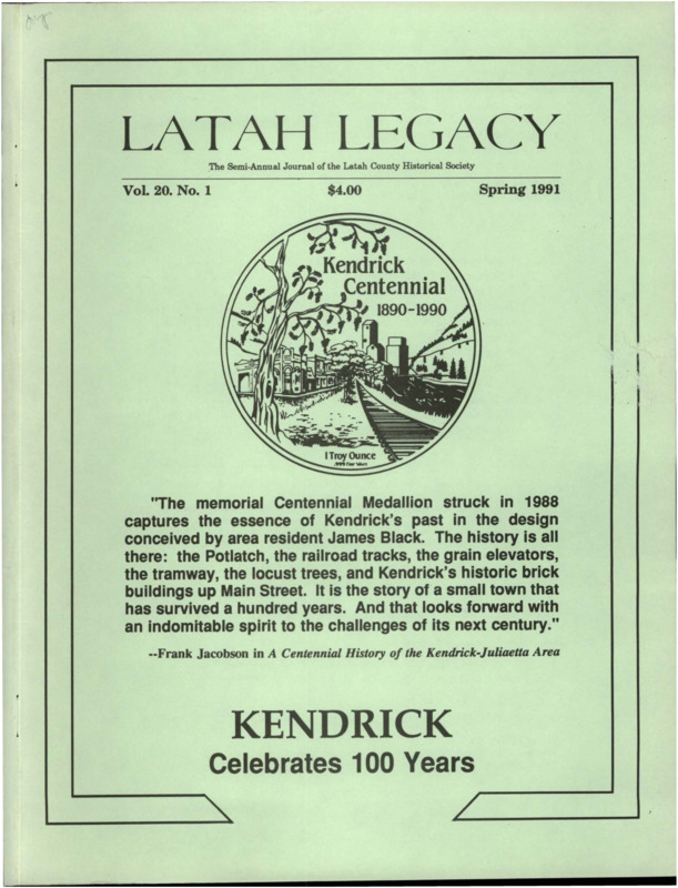 Vol. 20, No. 1, 44 pages. This issue celebrates Kendrick's Centennial and contains articles pertaining to the following subjects and article titles: Centennial Salute (pg 3); Centennial Celebrated (pg 6); Kendrick Flood of 1900 (pg 10); Cloudburst Hits Kendrick (pg 11); One-Room School House (pg 13); Frightful Train Wreck (pg 14); Photo Section (pg 17); Fire Destroys Kendrick (pg 25); School of Country Living (pg 31); He Likes Hot Lead (pg 35); Revere, a poem (pg 40)