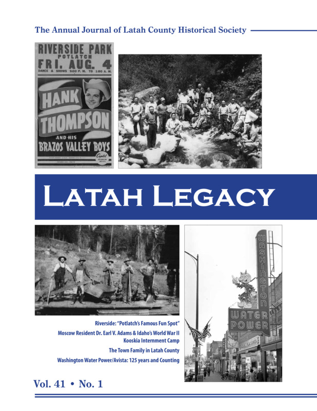 Vol. 41, No. 1, 28 pages. This issue contains articles pertaining to the following subjects and article titles: Riverside: Potlatch's Famous Fun Spot (pg 4); Moscow Resident Dr. Earl V. Adams & Idaho's World War II Internment Camp (pg 11); The Town Family in Latah County (pg 16); Washington Power/Avista: 125 years and Counting (pg 24)