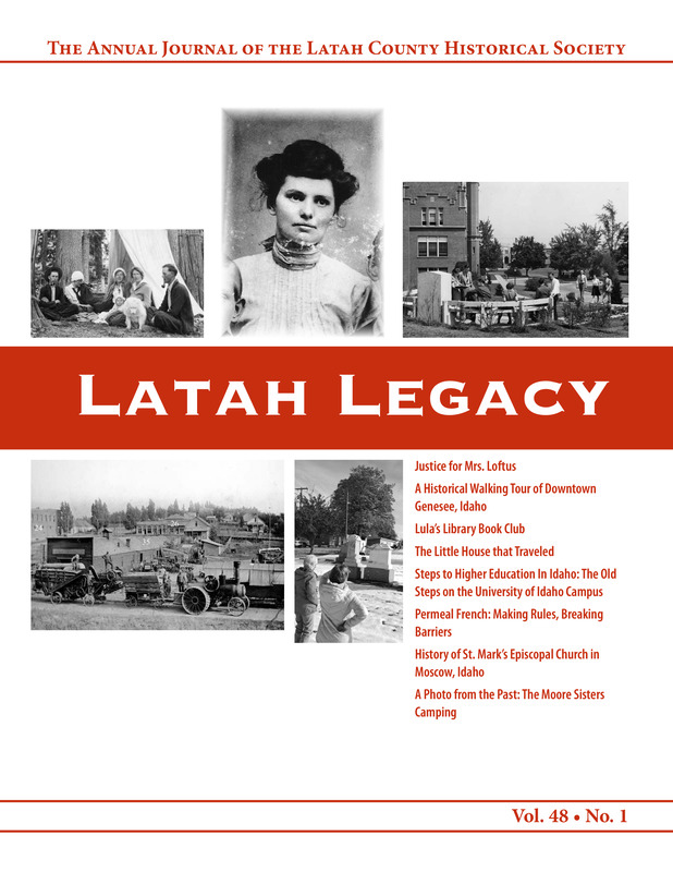 Vol. 48, No. 1, 48 pages. This issue contains articles pertaining to the following subjects and article titles: Justice for Mrs. Loftus (pg 4); A Historical Walking Tour of Downtown Genesee, Idaho (pg 9); Lula's Library Book Club (pg 21); The Little House that Traveled (pg 22); Steps to Higher Education in Idaho: The Old Steps on the University of Idaho Campus (pg 23); Permeal French: Making Rules, Breaking Barriers (pg 30); History of St. Mark's Episcopal Church in Moscow, Idaho (pg 35); A Photo from the Past: The Moore Sisters Camping (pg 47)