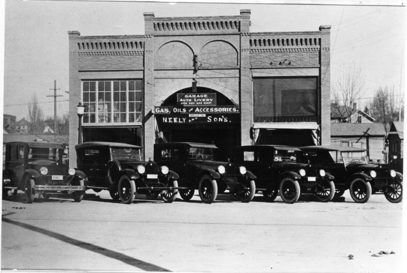 Neely and Sons Garage on east side of Main Street south of Fifth Street. Built about 1909 as the Crystal Theater, then Standard Garage (Buick dealership), Neely and Sons, and taken over about 1925 by Kenworthy Theatre.