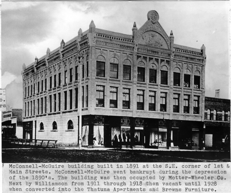 Historic image of the McConnell-Maguire building built in 1891 at the southeast corner of First and Main streets.