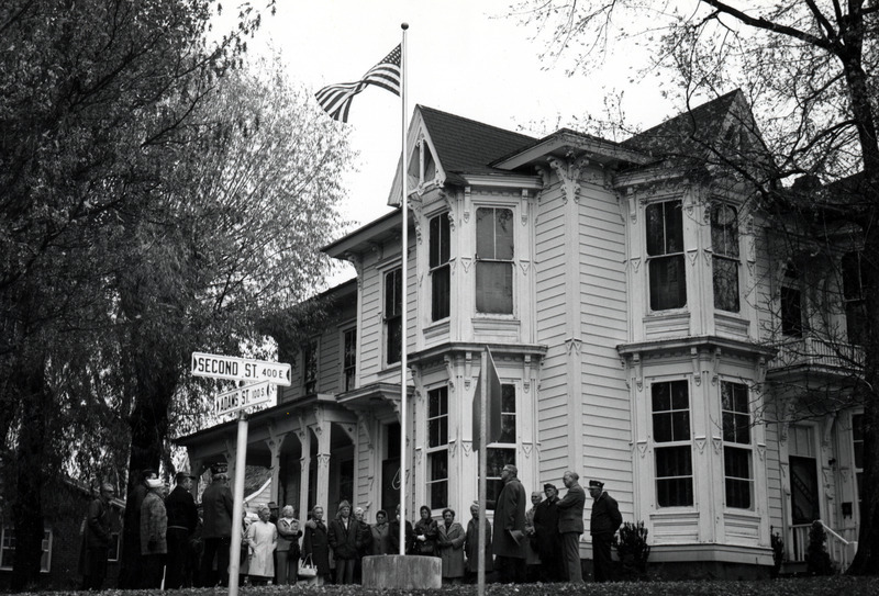 Flag pole dedication event at the McConnell Mansion. This was donated by the American Legion, Veterans of Foreign Wars, and World War One veterans.