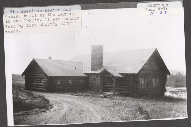 A photograph of the American Legion Log Cabin that was almost lost to fire soon after it was built in the 1920's
