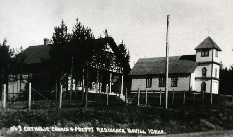 View of the Parker house and the Catholic Church in Bovill, Idaho.