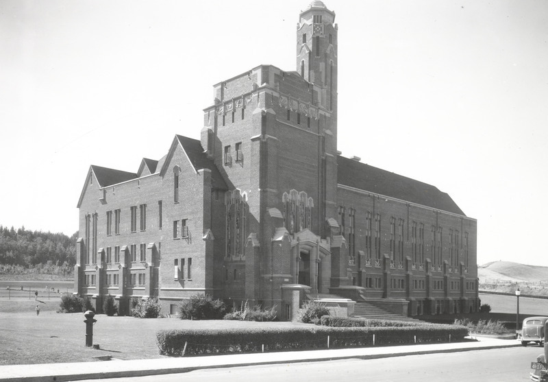 Historic image of the Memorial Gymnasium, northeast corner.