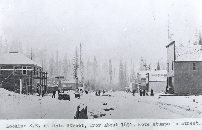 Looking southeast at Main Street in Troy, Idaho during winter.