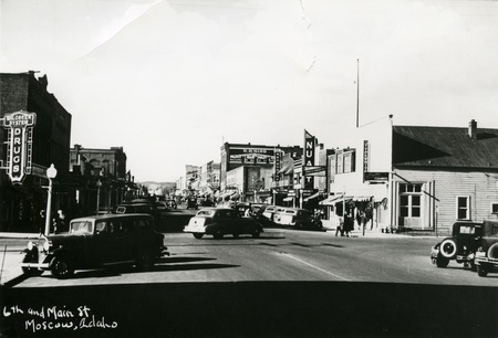 Sixth and Main Street in Moscow during the 1930s. Note the Nu Art Theatre sign.