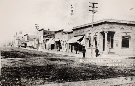 Historic image of downtown Genesee, featuring the Genesee Exchange Bank.