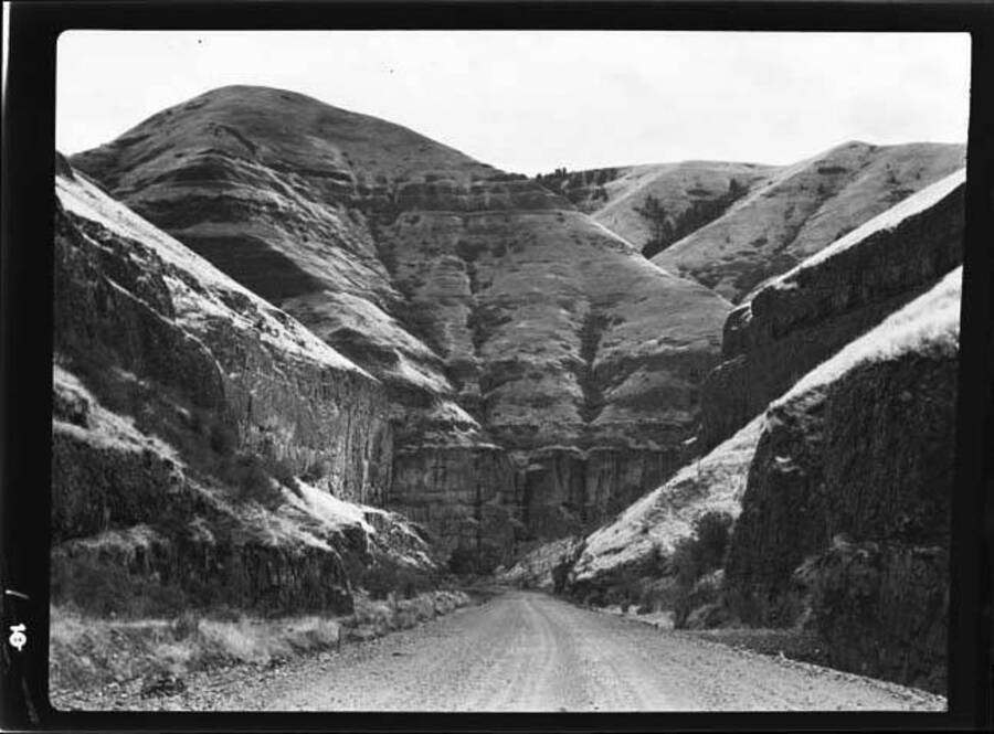 Image shows a dirt road through a canyon in the Joseph Plains region of Idaho.