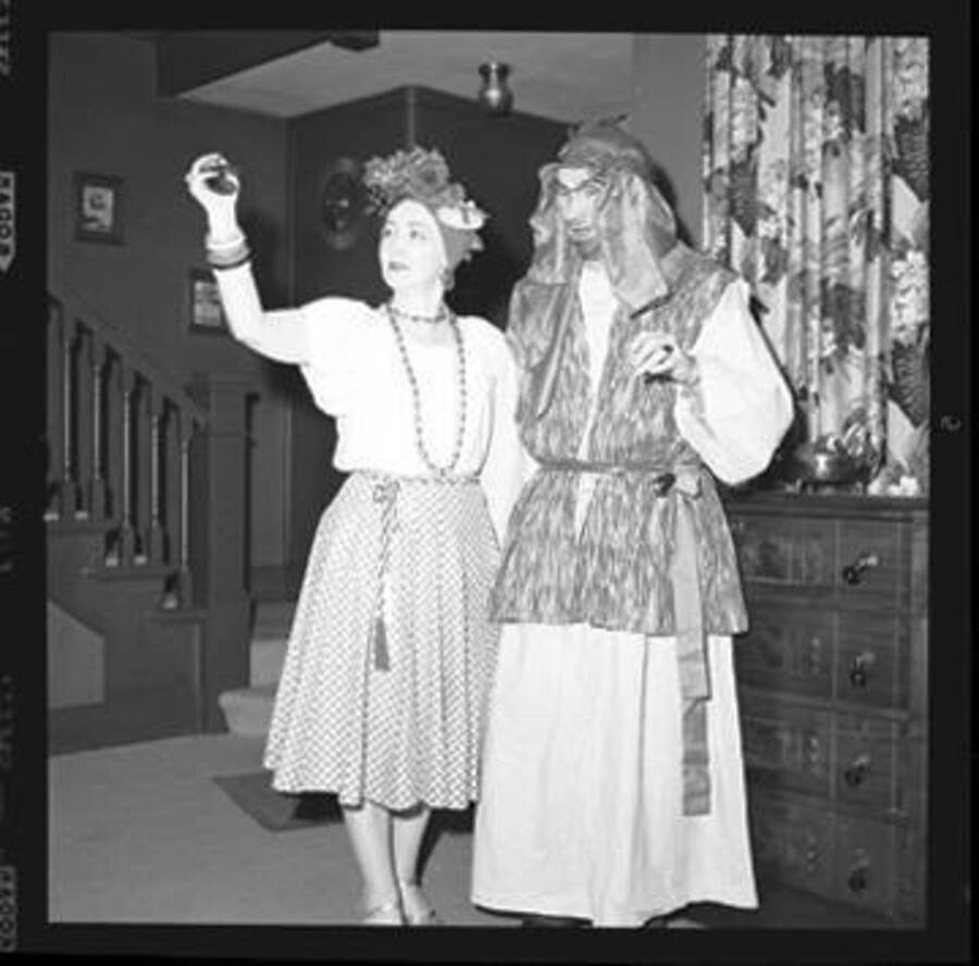 Two people are dressed in costumes for a party.