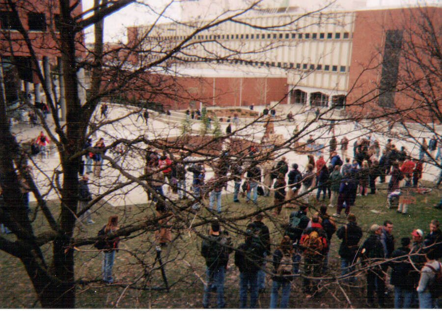 Protesters gather at the quad outside of the University of Idaho Library for an anti-war rally in 1998.