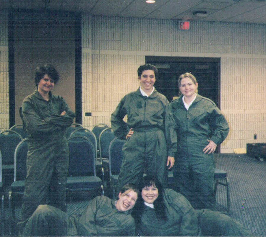 Silver Wings on Blue"" by Ariana Burns, produced/directed by Angel Katen at the University Inn. This play is the story of the Women's Air Force Service Pilots during WWII.  Pictured left to right: Troy Sprenke, Elizabeth Dahle, Stacy Horn, Courtney Donnal, Stephanie Kalasz