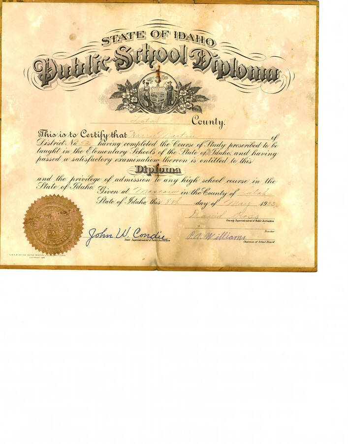 This Public School Diploma was awarded to Harry Martin upon the completion of elementary school. Could be from Flanigan Creek School in School District #52 of Latah County, Idaho.