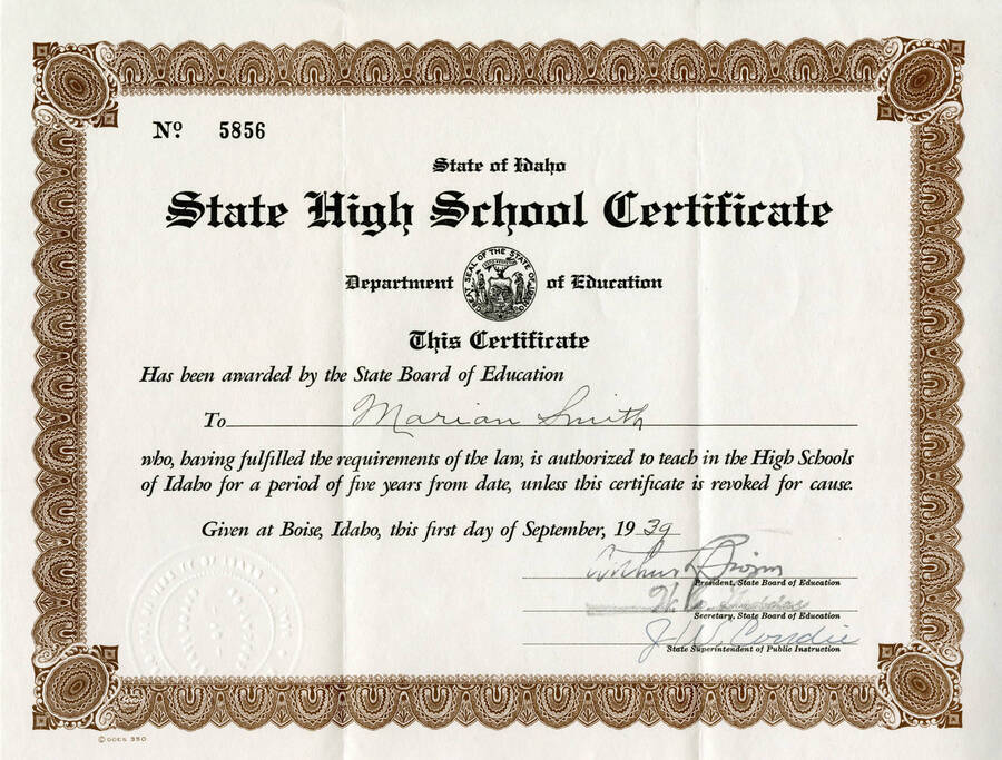 The Idaho State Board of Education certified that Marian Smith was accredited to work in all high schools in the state of Idaho on September 1, 1939