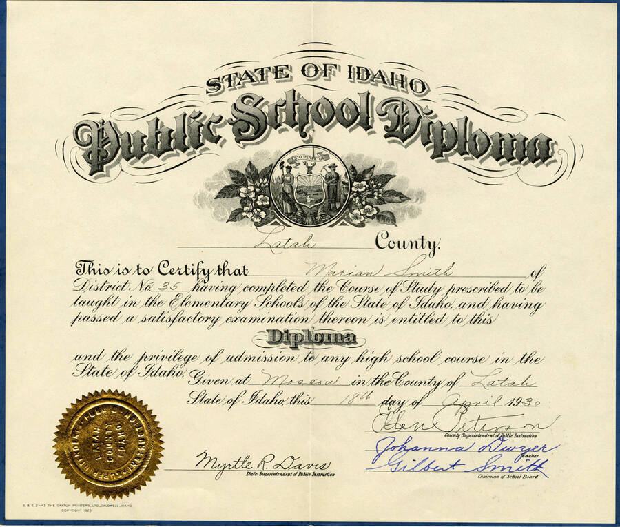 This Public School Diploma was awarded to Marian Smith upon the completion of elementary school. Marian attended Smith School, District #35 in Latah County, ID.