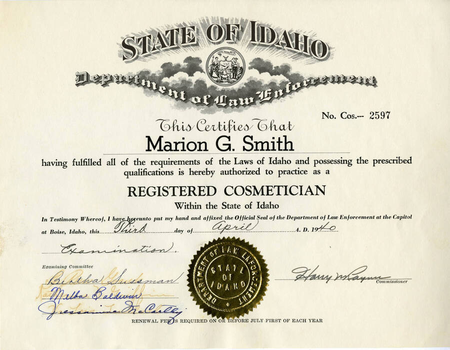 Marian (name mis-spelled on certificate) became a registered cosmetician on April 3, 1940 after attending the Youngblood School of Cosmetology.