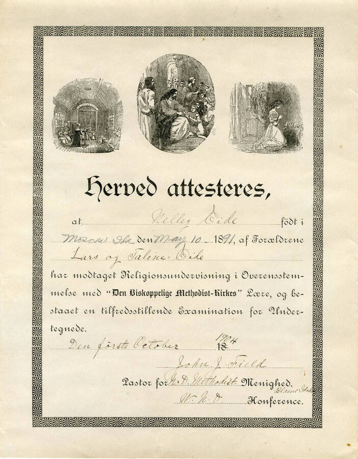 A Confirmation certificate for Nellie (name mis-spelled on certificate) Eid upon her being confirmed into the Methodist Church on October 1, 1904. Written In Norwegian, for Methodist Church