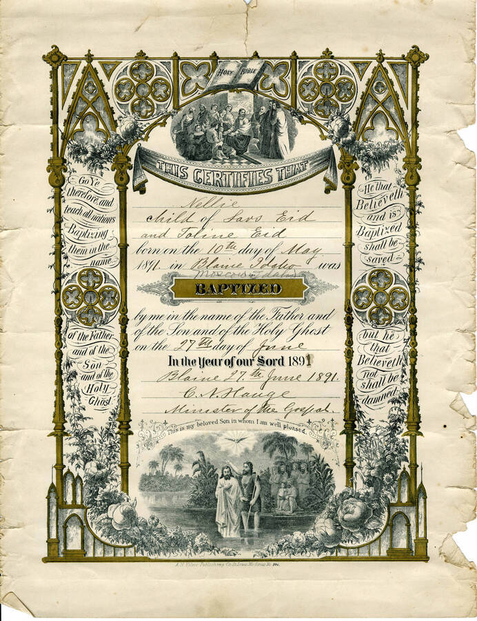 Baptism certificate for Nellie Eid from the Methodist Church in Blaine. The certificate has both Blaine, Idaho and Moscow, Idaho written as the place of birth.