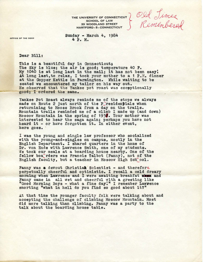 A letter from Bert Hopkins to his son, Bill, relating a story from Bert's early teaching days at the University of Idaho of a climb on Moscow Mountain