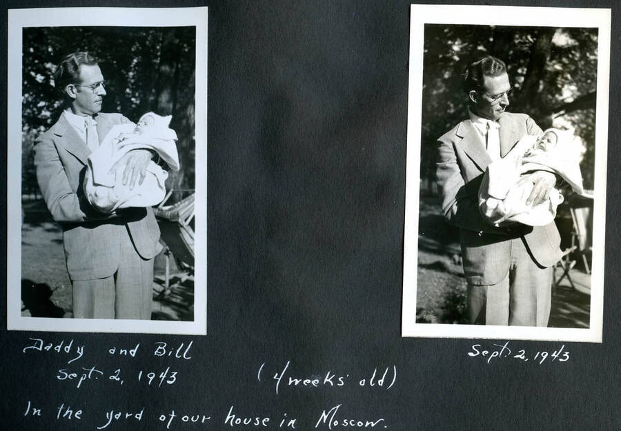 Two photographs of Bert Hopkins with son William, four weeks old, in the front yard of their house in Moscow, ID.