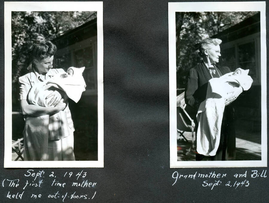 Mother Marie Hays Hopkins and Grandmother Anna Elizabeth Larson Hayes with William as newborn in a series of two photographs