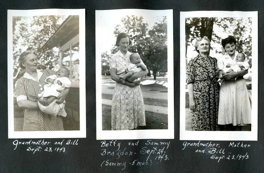 A series of photographs ofgrandmother Anna Elizabeth Larson Hayes, mother Marie Hays Hopkins, Bill, and Sammy and Betty Bragdan.