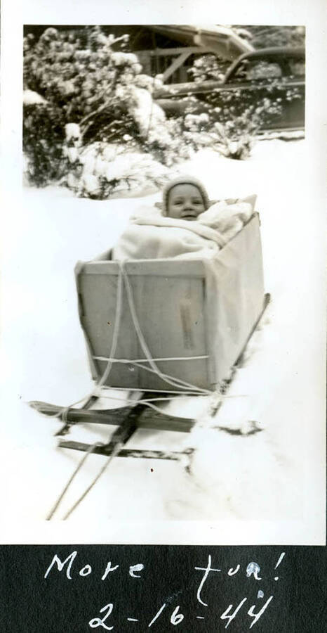 Baby Bill Hopkins rides in a box secured on top of a sled