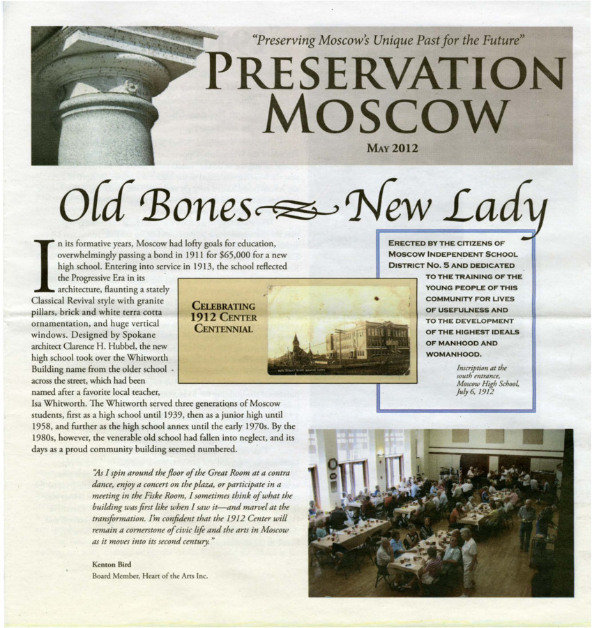 Annual Newsletter for the Moscow Historic Preservation Commission, began in 1995.  Newsletter outlines historic preservation practices and National Register for Historic Preservation properties across Latah County.  This publication was printed on Newsprint and contains text and photos.  The publication contains color.